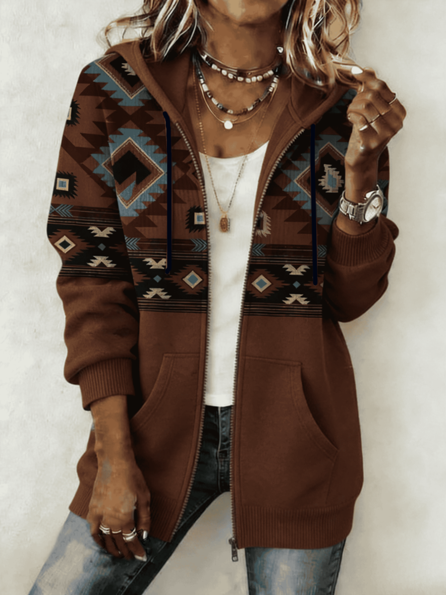 Women's Western Print Zip-Up Hoodie