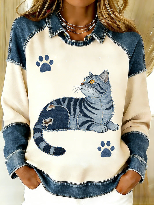 Women's Vintage Denim Patchwork Top With Animal Art Print, Casual And Comfortable