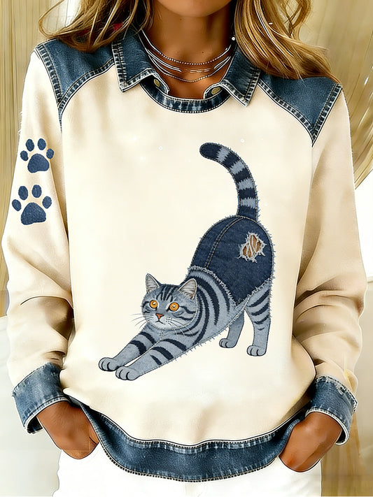 Women's Vintage Denim Patchwork Top With Animal Art Print, Casual And Comfortable