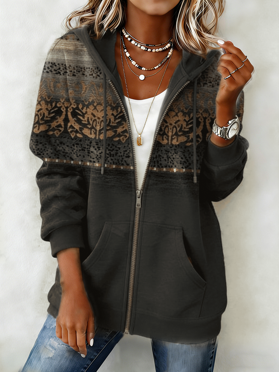 Women's Western Pattern Print Zip-Up Hoodie
