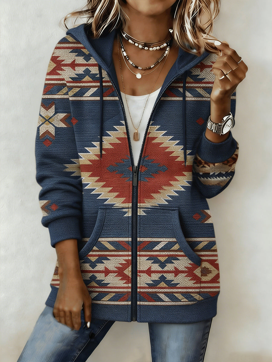 Women's Vintage Aztec Print Casual  Zip-Up Hoodie