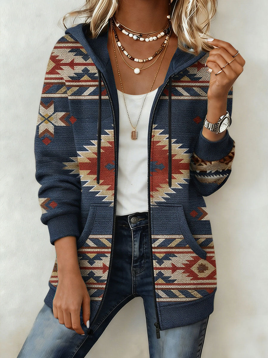Women's Vintage Aztec Print Casual  Zip-Up Hoodie