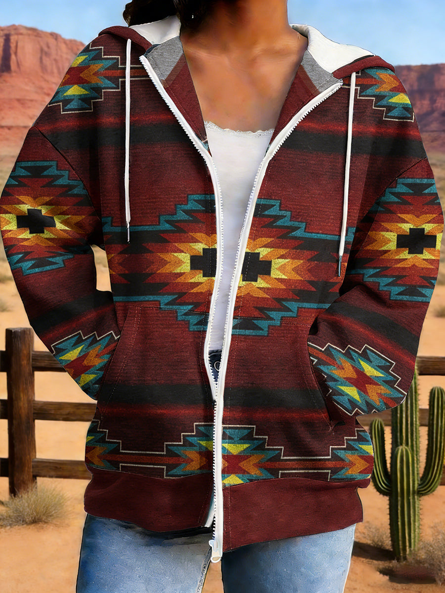 Women's Vintage Aztec Print Casual  Zip-Up Hoodie