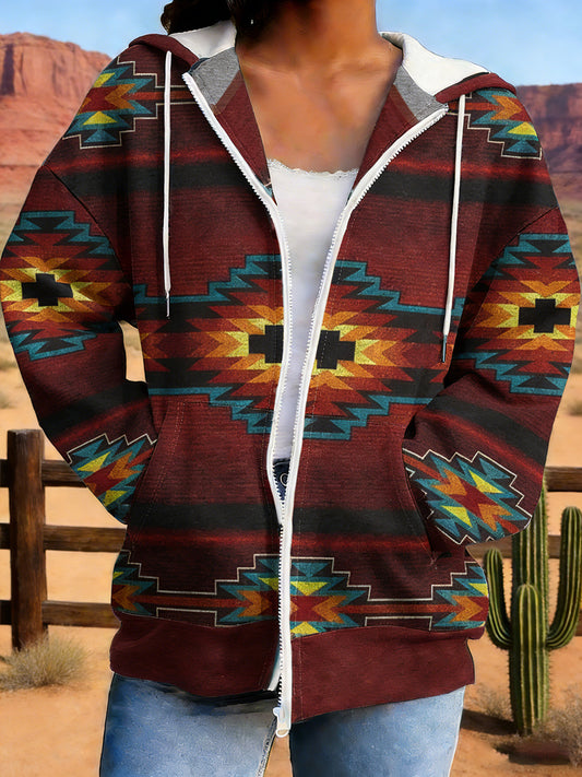 Women's Vintage Aztec Print Casual  Zip-Up Hoodie