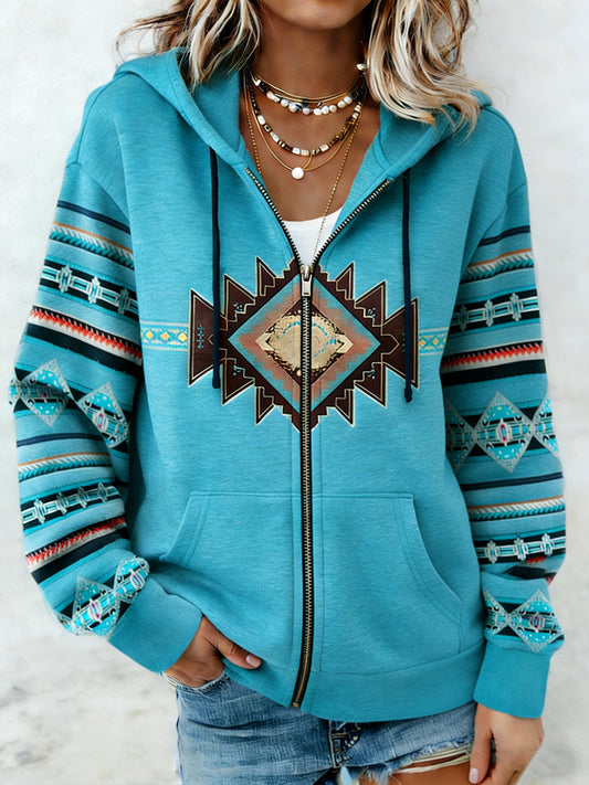 Women's Vintage Aztec Print Casual  Zip-Up Hoodie