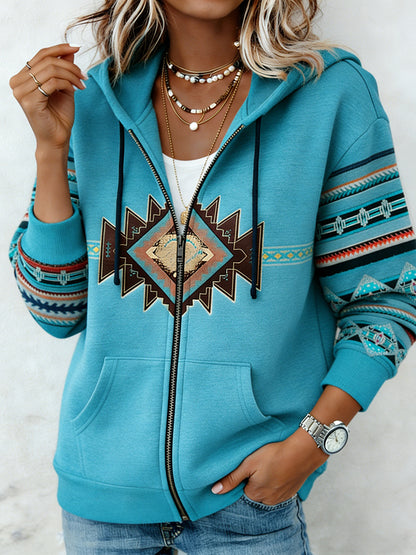 Women's Vintage Aztec Print Casual  Zip-Up Hoodie