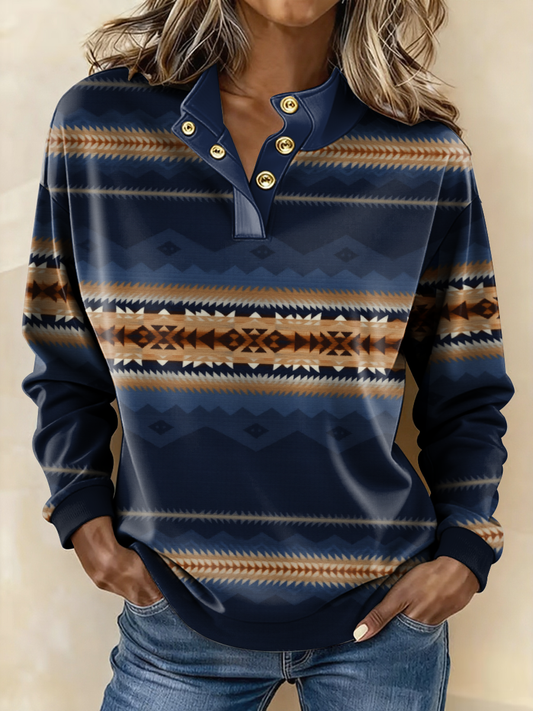 Women's Western Pattern Print Button-up Stand-collar Sweatshirt