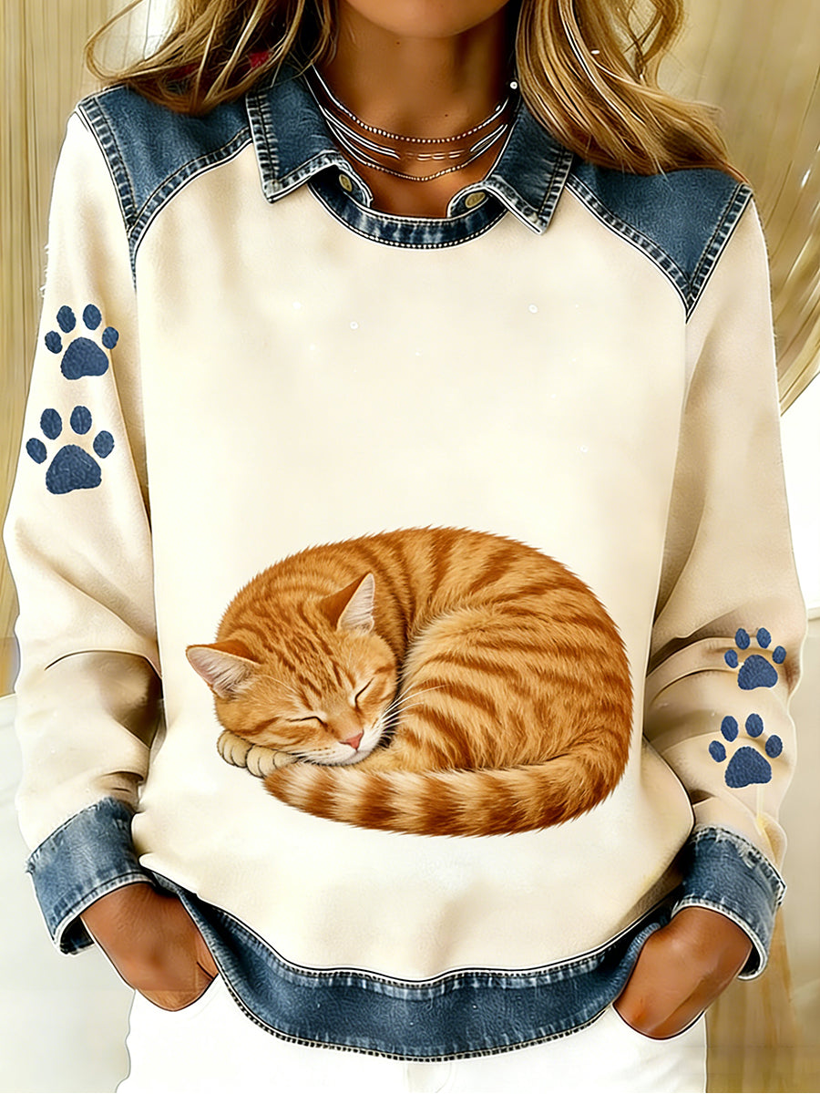 Women's Vintage Denim Patchwork Top With Animal Art Print, Casual And Comfortable