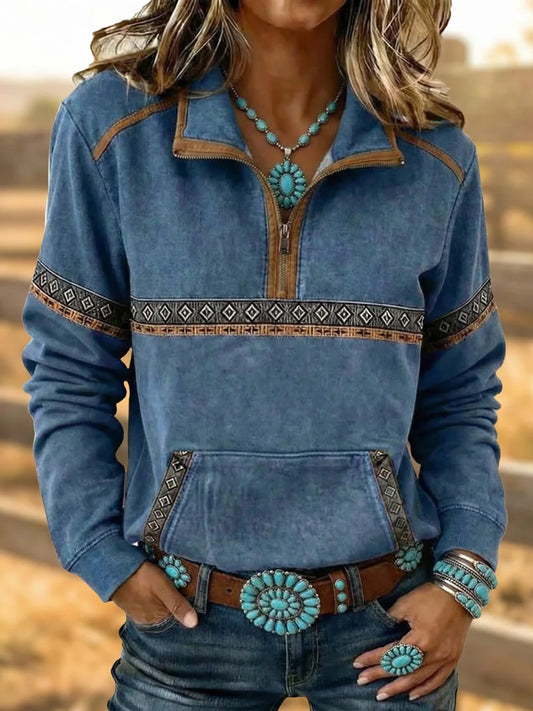 Women's Vintage Western Aztec Pattern Casual 1/4 Zipper Sweatshirt