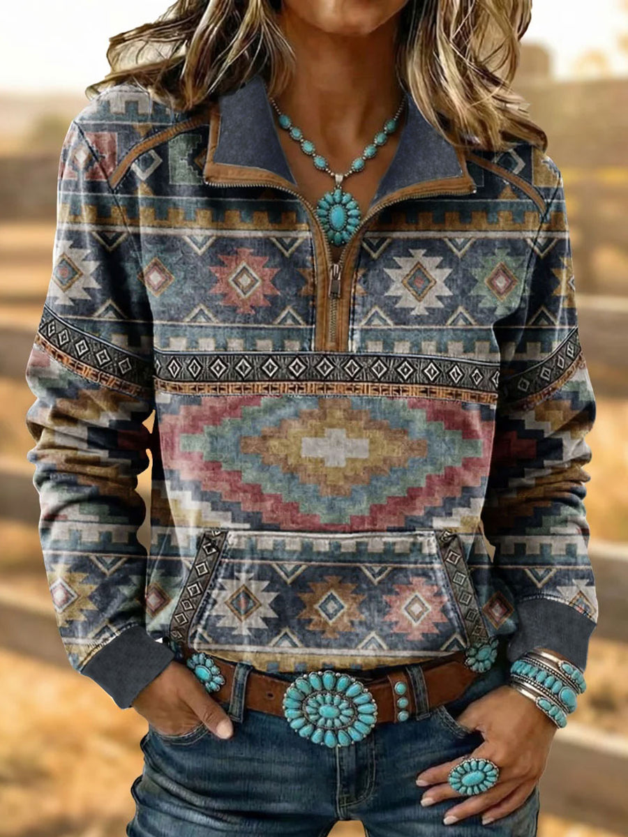 Women's Vintage Western Aztec Pattern Casual 1/4 Zipper Sweatshirt