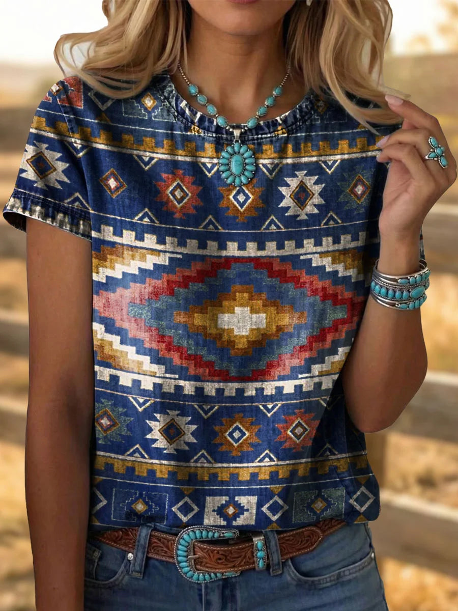 Women's Vintage Western Aztec Pattern Short Sleeve T-shirt