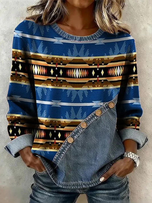 Women's Vintage Western Aztec Pattern Casual Button Sweatshirt