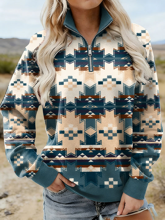 Women's Vintage Western Aztec Pattern Casual 1/4 Zipper Sweatshirt