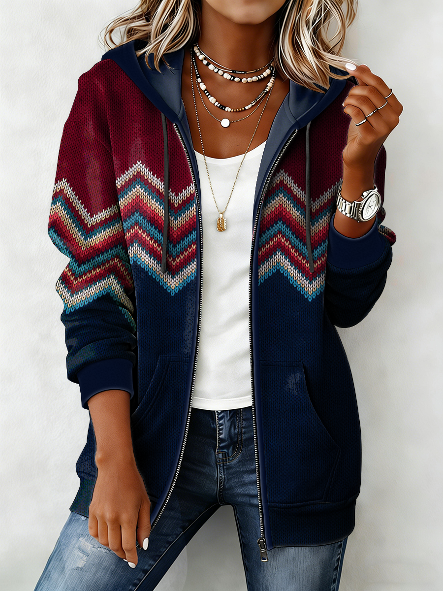 Women's Western Pattern Print Zip-Up Hoodie