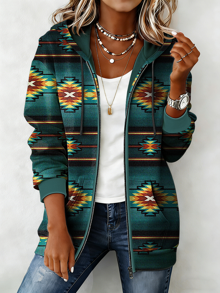 Women's Western Pattern Print Zip-Up Hoodie
