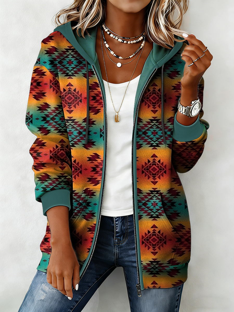 Women's Western Pattern Print Zip-Up Hoodie