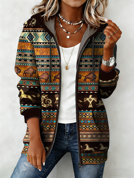 Women's Western Pattern Print Zip-Up Hoodie