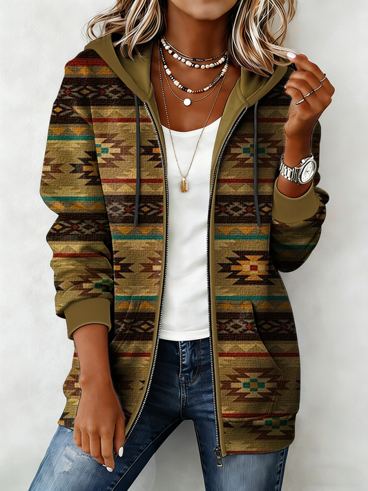 Women's Western Pattern Print Zip-Up Hoodie
