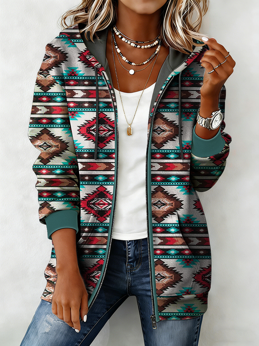 Women's Western Pattern Print Zip-Up Hoodie
