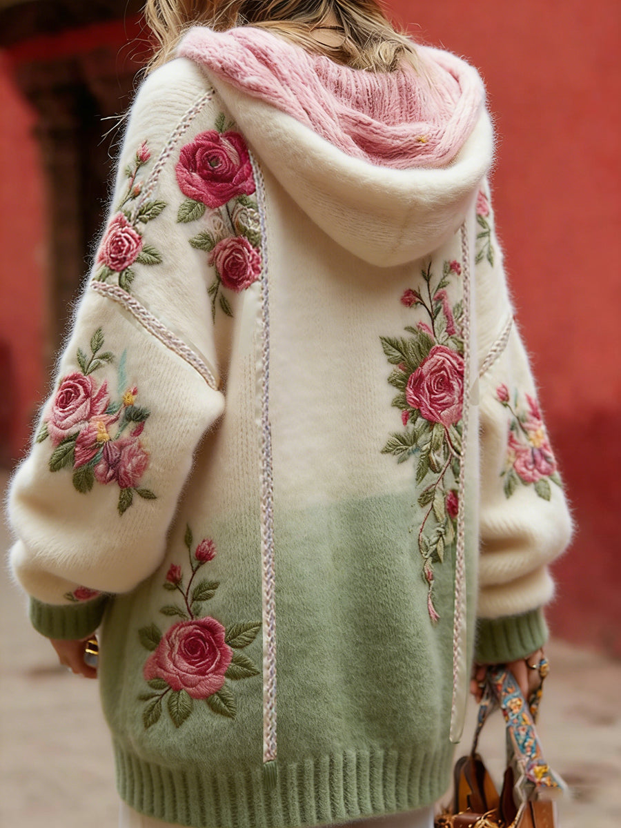 Women's Vintage Style Breast Cancer Awareness Themed Floral Pattern Button-Up Comfortable Hooded Cardigan Sweater