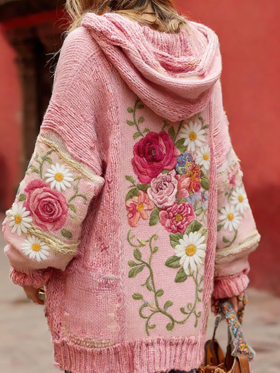 Women's Vintage Style Breast Cancer Awareness Themed Floral Pattern Button-Up Comfortable Hooded Cardigan Sweater