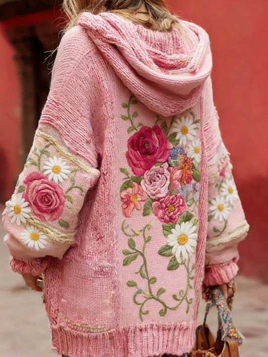 Women's Vintage Style Breast Cancer Awareness Themed Floral Pattern Button-Up Comfortable Hooded Cardigan Sweater