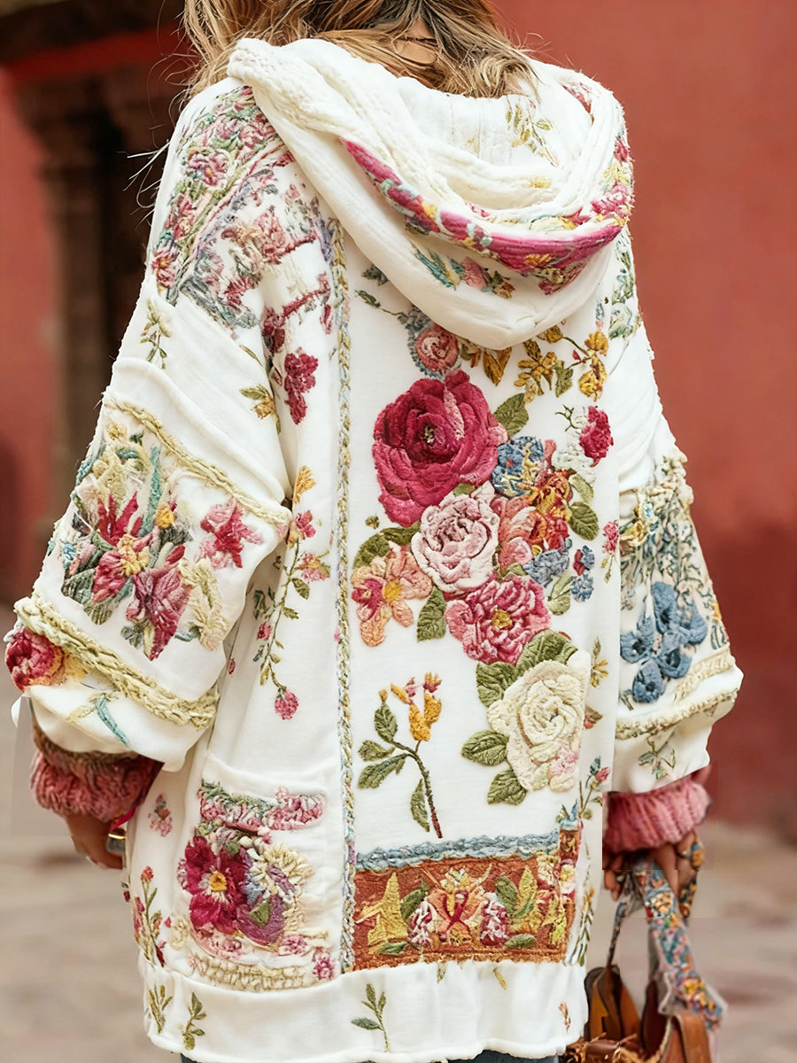 Women's Vintage Style Breast Cancer Awareness Themed Floral Pattern Button-Up Comfortable Hooded Cardigan Sweater