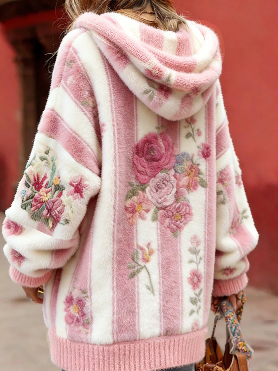 Women's Vintage Style Breast Cancer Awareness Themed Floral Pattern Button-Up Comfortable Hooded Cardigan Sweater