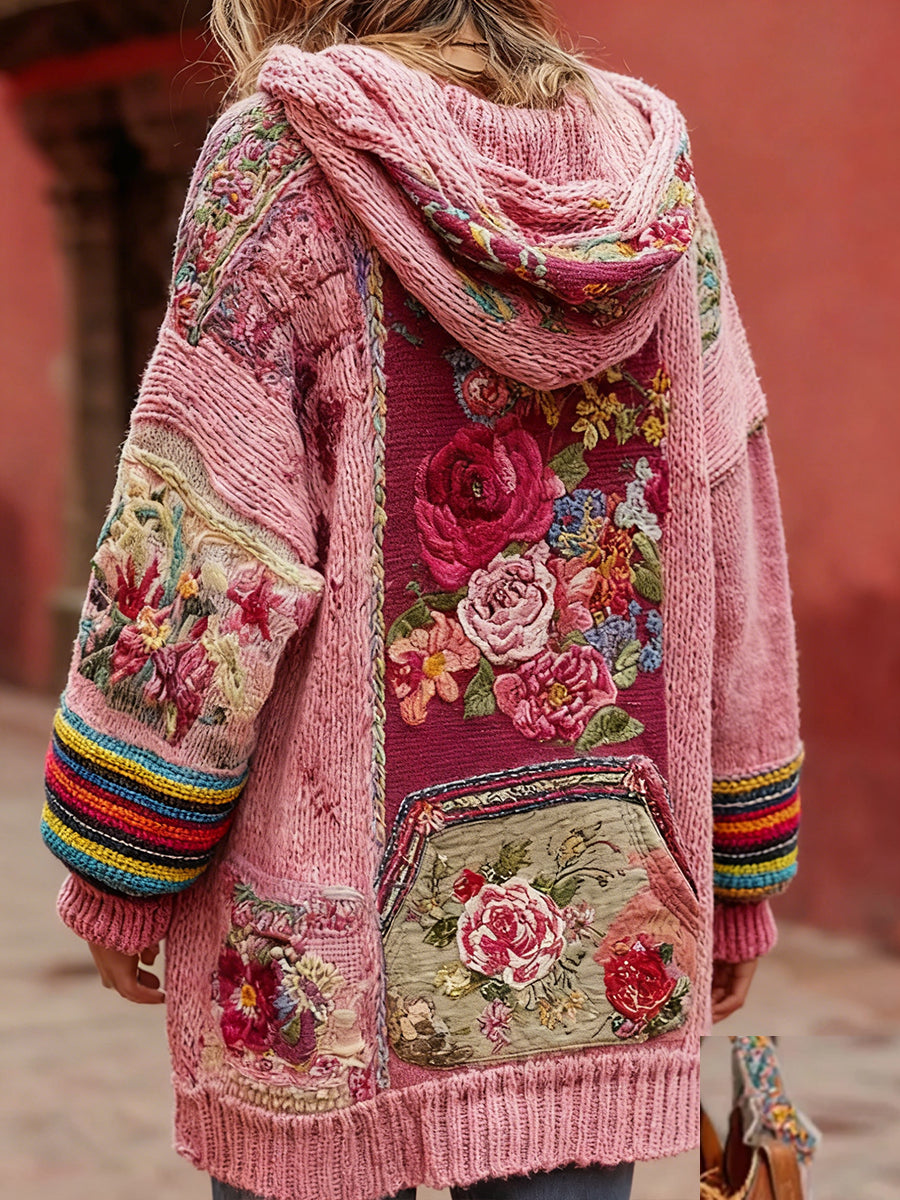 Women's Vintage Style Breast Cancer Awareness Themed Floral Pattern Button-Up Comfortable Hooded Cardigan Sweater