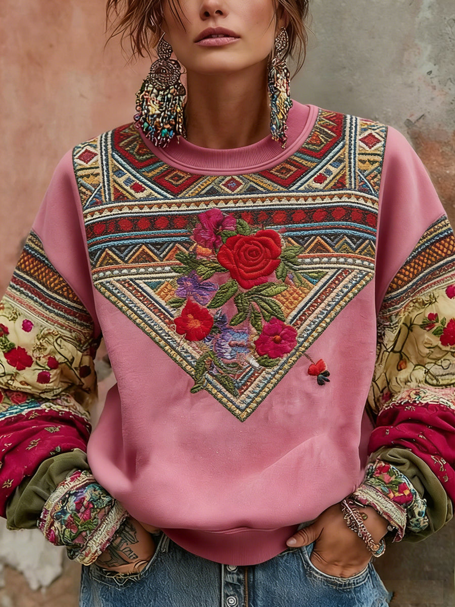 Women's Vintage-Style Breast Cancer Awareness Sweatshirt With Floral Print And Comfortable Fit.