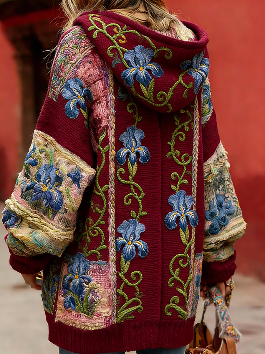 Women's Vintage Style Breast Cancer Awareness Themed Floral Pattern Button-Up Comfortable Hooded Cardigan Sweater