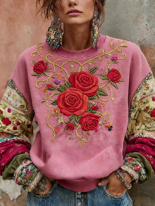 Women's Vintage-Style Breast Cancer Awareness Sweatshirt With Floral Print And Comfortable Fit.