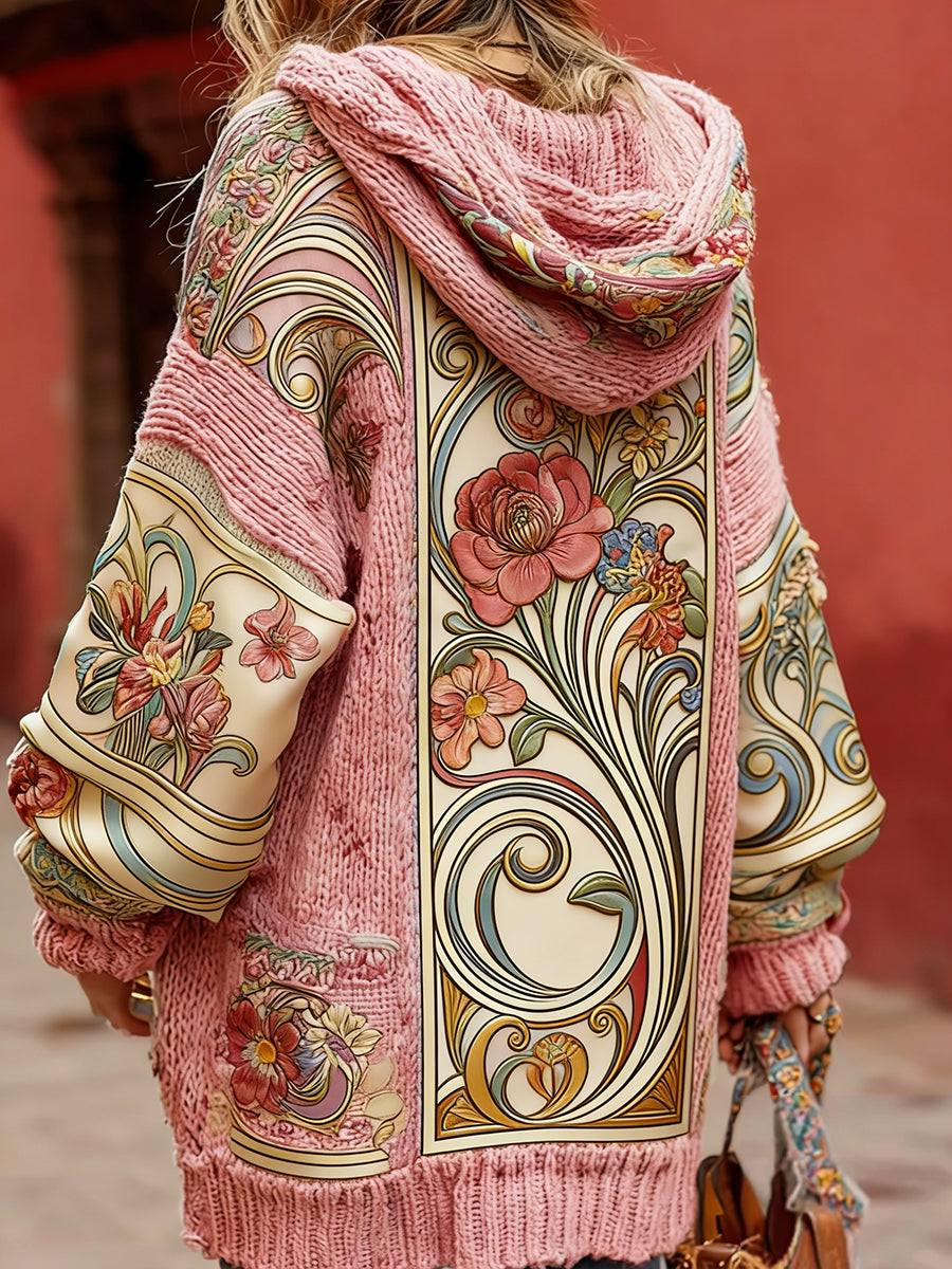 Women's Vintage Style Breast Cancer Awareness Themed Floral Pattern Button-Up Comfortable Hooded Cardigan Sweater