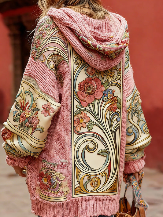 Women's Vintage Style Breast Cancer Awareness Themed Floral Pattern Button-Up Comfortable Hooded Cardigan Sweater