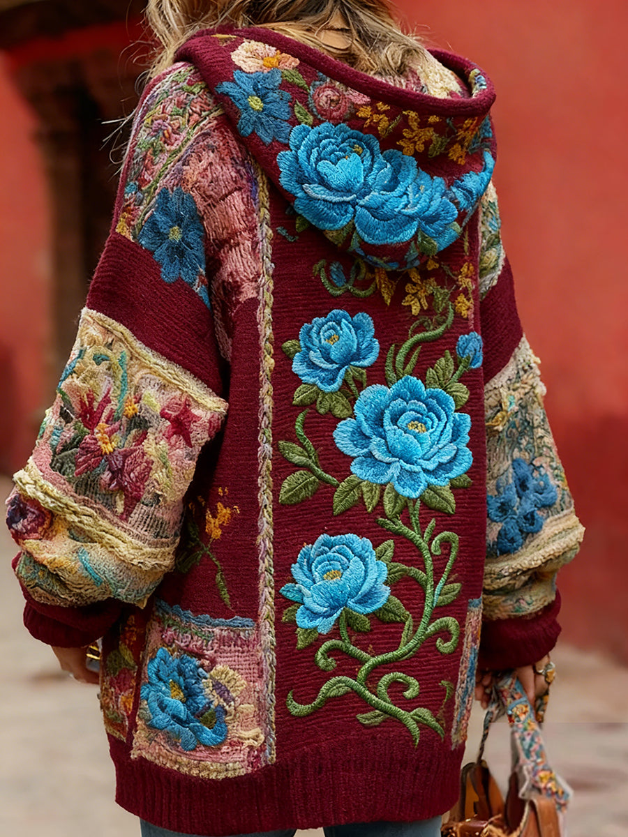 Women's Vintage Style Breast Cancer Awareness Themed Floral Pattern Button-Up Comfortable Hooded Cardigan Sweater