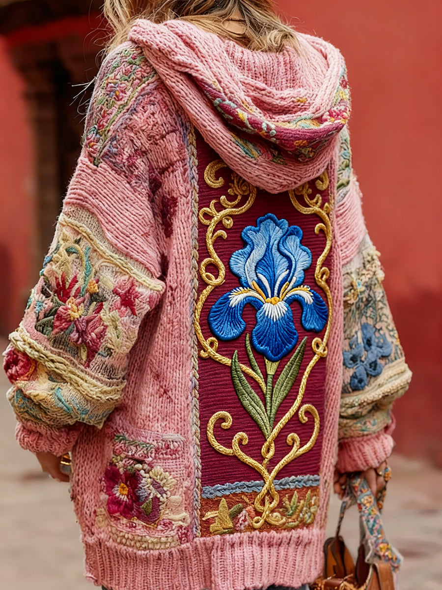 Women's Vintage Style Breast Cancer Awareness Themed Floral Pattern Button-Up Comfortable Hooded Cardigan Sweater