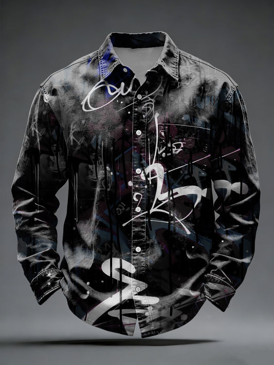 Men's Sleek Graffiti-Style Black & White Button-Down Shirt