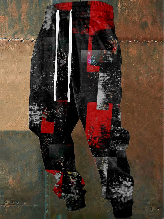 Men's Dynamic Red-Black Firework-Print Sweatpants