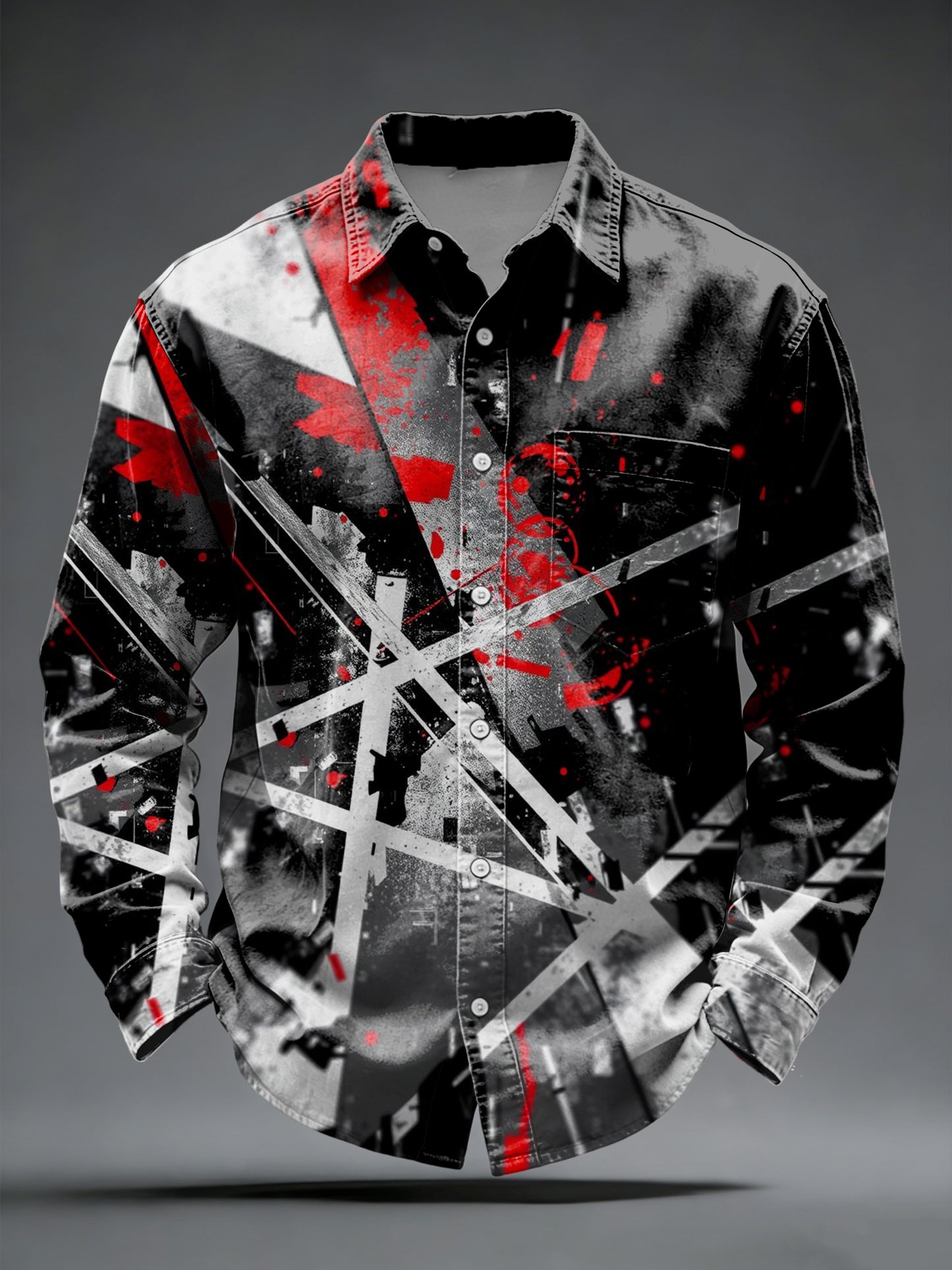 Men's Edgy Black-Red Graphic Button-Down Shirt