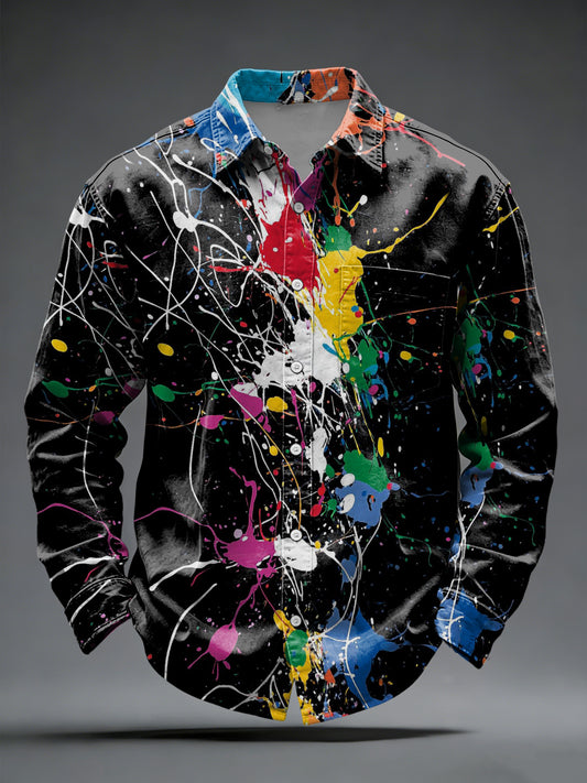 Men's Vibrant Multicolor Splatter Art Button-Down Shirt
