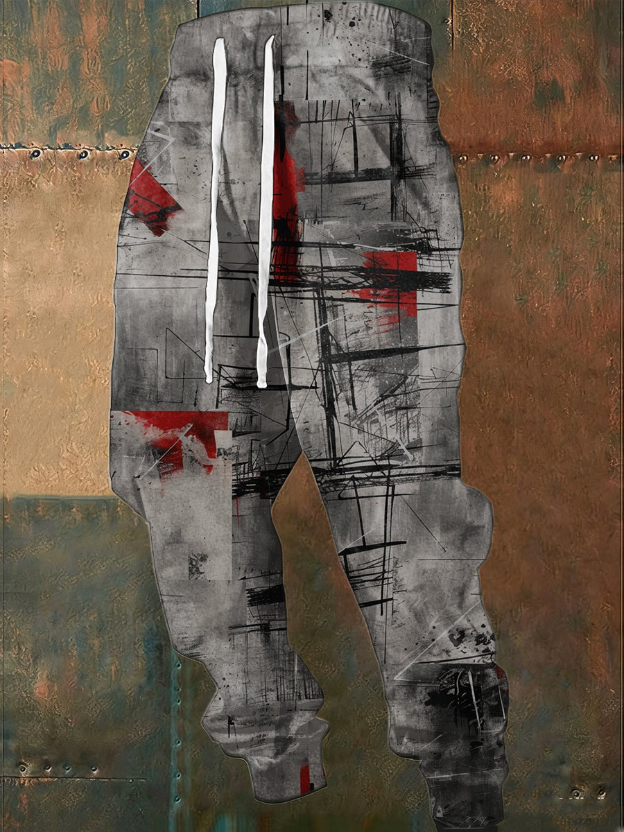 Men's Sleek Grey-Red Modern Art Sweatpants