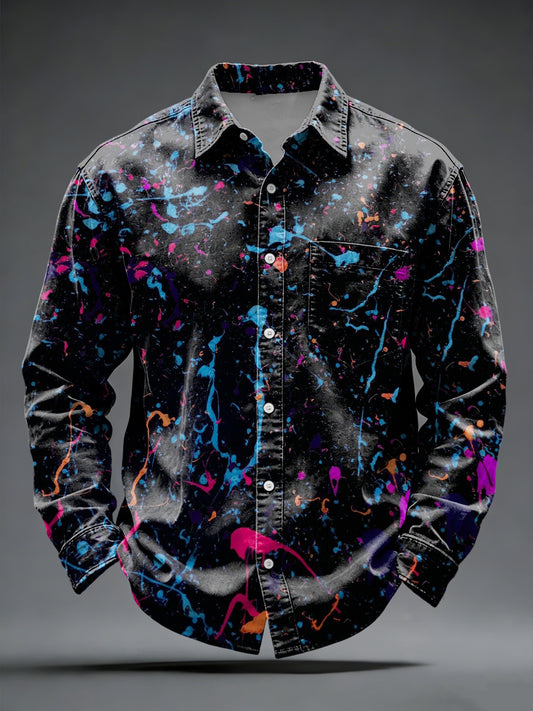Men's Eye-Catching Neon Splatter Button-Down Shirt