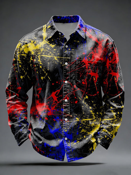 Men's Bold Red-Yellow-Blue Splatter Button-Down Shirt