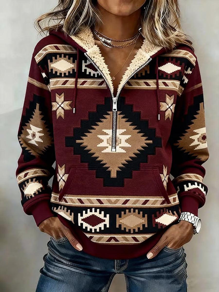 Women's Vintage Western Aztec Zip-Up Hoodie Sweatshirt