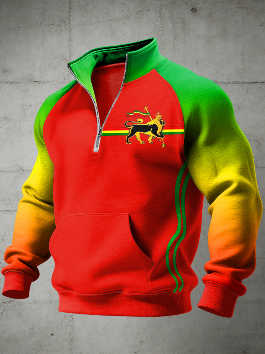 Men's Reggae Printed Half Zip Stand Up Collar With Raglan Sleeves Sweatshirt