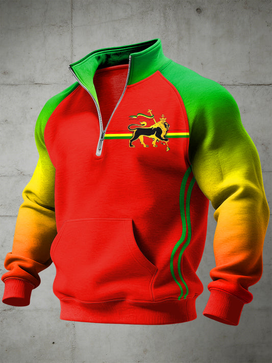Men's Reggae Printed Half Zip Stand Up Collar With Raglan Sleeves Sweatshirt