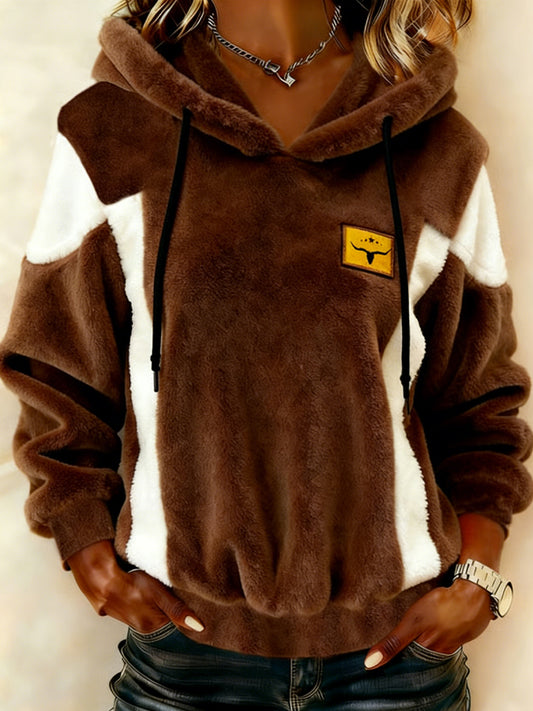 Women's Retro Western Color Block Flannel Hoodie