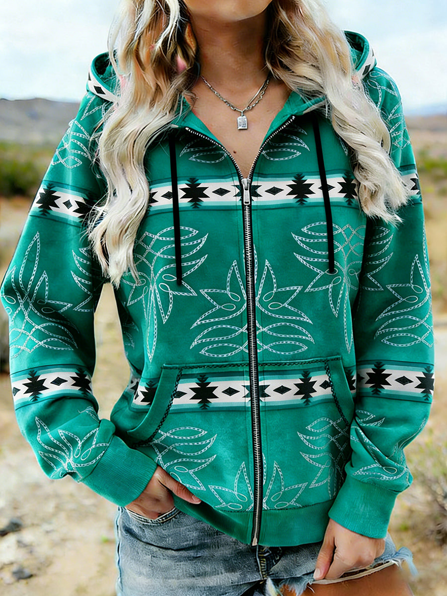 Women's Vintage Western Aztec  Zip-Up Hoodie