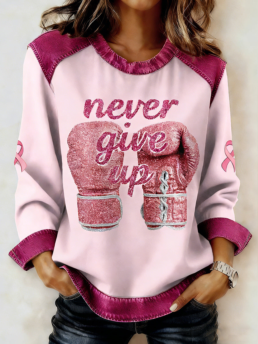 Women's Breast Cancer Printed Collar Long Sleeve Sweatshirt