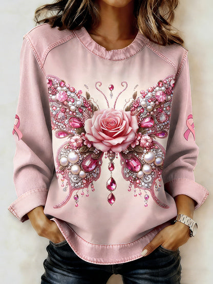 Women's Breast Cancer Printed Collar Long Sleeve Sweatshirt
